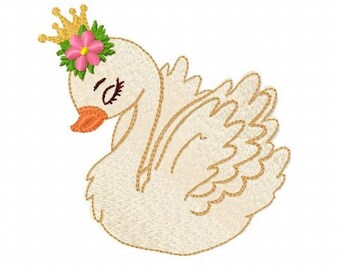 Swan Embroidery Design – Baby Girl Goose with Flowers (Digital File)