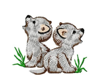 Diseño de bordado de cachorros de lobo - Diseño de bordado de animales bordado a máquina - Archivo de bordado de bosque - Diseño de bebé lobo digital pes jef
