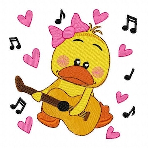 May include: A yellow duck with a pink bow playing a brown acoustic guitar. Pink hearts and musical notes surround the duck.