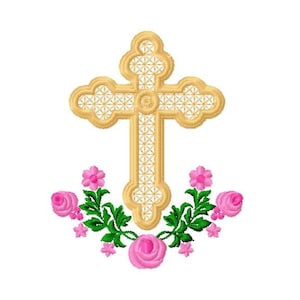 Cross Stitch Designs - Religious Embroidery Machine Embroidery Design Pattern - Catholic Embroidery File - Cross with Flowers Eucharist