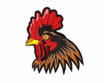 May include: Embroidered patch of a rooster's head with a red comb, black eyes, and brown and orange feathers.