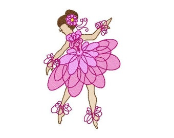 May include: A pink flower-shaped dress with a flower in the hair of a ballerina. The ballerina is in a dancing pose.