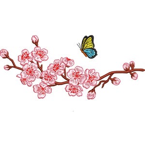 Blooming Spring Sakura Branch with Fluttering Butterfly - Machine Embroidery Design 7 sizes