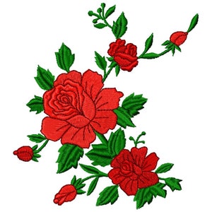 Puede incluir: Un diseño de bordado de rosas rojas con hojas y tallos verdes. Las rosas están en plena floración y tienen un diseño detallado.