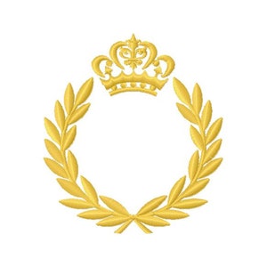 May include: A gold crown sits atop a wreath of golden leaves, creating a circular frame. This design is perfect for adding a touch of royalty to any project.