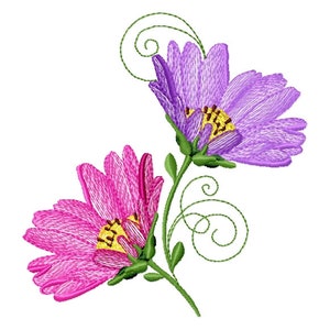 以下が含まれることがあります： 緑色の茎と葉を持つ、刺繍された2つの花。左の花はピンクで、右の花は紫です。