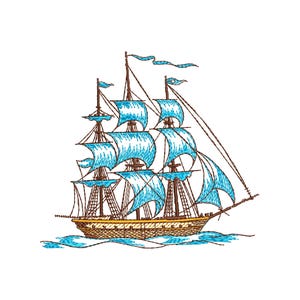 May include: A blue and brown vintage sailing ship with multiple sails, drawn in a hand-drawn style.