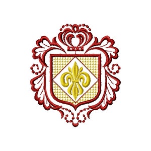 Może przedstawiać: Herb czerwony i złoty z motywem lilii. Herb otoczony jest ozdobnymi zwójami.