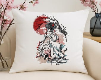 Geisha Maschinenstickerei, Japanische Linie Kunst, Rote Sonne, Orientalische Kimono Skizze