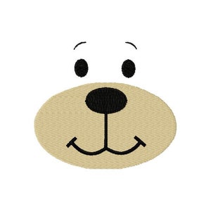 Könnte beinhalten: Ein Cartoon-Bärenkopf mit schwarzen Augen, einer schwarzen Nase und einem braunen, lächelnden Mund.