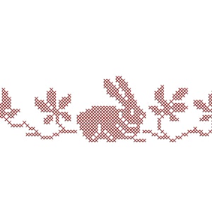 May include: Red cross-stitch embroidery design of a rabbit with a floral border. The rabbit is in the center of the design and is surrounded by four stylized flowers.