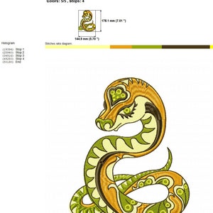 Puede incluir: Un dise&ntilde;o bordado colorido de una serpiente con hilo verde, amarillo y naranja. El dise&ntilde;o mide 14,49 cm por 17,81 cm.