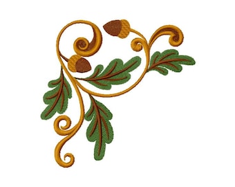 May include: A gold and green acorn and leaf design with a swirling vine. This design is perfect for embroidery projects.