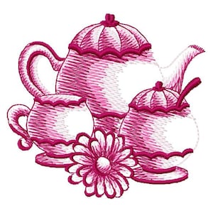 May include: A pink tea set with a teapot, creamer, and sugar bowl, decorated with a pink flower.