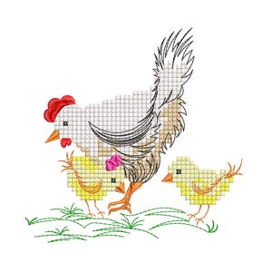 Diseño de bordado de pollo, diseño de bordado de Pascua de mamá gallina y pollitos, archivo de bordado a máquina de animales de granja, lindo pollito en punto de cruz