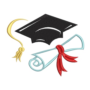 May include: An embroidered design featuring a black graduation cap with a gold tassel, and a light blue diploma tied with a red ribbon. The design is on a white background.