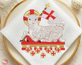 Diseño de bordado a máquina Agnus Dei, Cordero con pancarta de cruz, Símbolo cristiano, Motivo de Pascua de la iglesia
