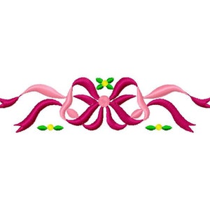 May include: A pink and burgundy ribbon bow with green leaves and yellow flowers. The bow is tied in a decorative knot and the ends of the ribbon are curled.