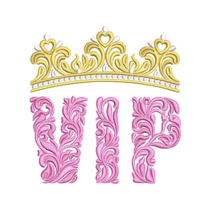Personaje de la realeza VIP con corona, corona VIP, corona de reina real, letra monograma de lujo - Diseño de bordado a máquina en 6 tamaños