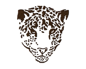 May include: A brown and white stylized illustration of a leopard's face.