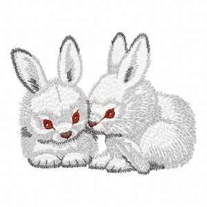 May include: Two white fluffy bunnies with red eyes are cuddling together. The bunnies are embroidered in a simple style.