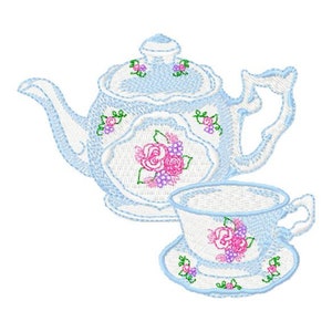 Tea set embroidery, teapot and cup design, teapot machine embroidery, tea towel embroidery, kitchen embroidery design