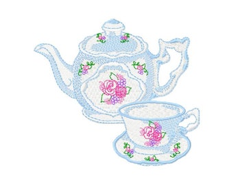 Tea set embroidery, teapot and cup design, teapot machine embroidery, tea towel embroidery, kitchen embroidery design