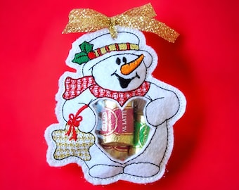 Cute Snowman with Christmas Star - Treat Bag - Machine Embroidery Design In Hoop, Sweets Holder Fairytale Snowman