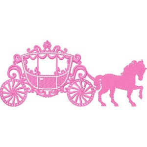 王女を王室舞踏会へ運ぶ小さなピンクの馬車 - 機械刺繍デザイン。