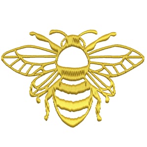Può includere: Un'ape dorata con ali e un addome a strisce. L'ape è delineata in un colore dorato più scuro.