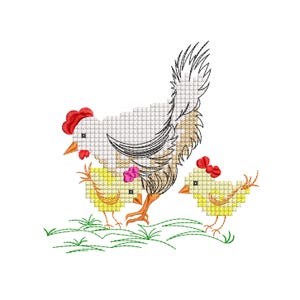 Diseño de bordado a máquina de Pascua de gallina y pollitos – Patrón de punto de cruz de animales de granja – Descarga digital de un pollito adorable