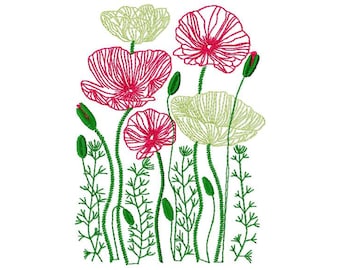 Blumenwiese, Blumenfeld, Wildblumen, Mohnblumen - Maschinenstickerei