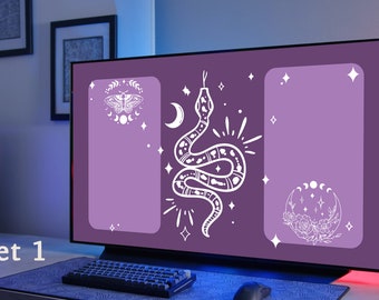 May include: A purple computer monitor with three white designs on the screen. The designs are a butterfly with a crescent moon, a snake with a crescent moon, and a crescent moon with flowers. The monitor is on a desk with a keyboard and mouse.