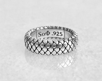 Japanese Koi Fish Scale Pattern Ring | Sterling Silver Snake Dragon Scale Wedding Band with optional Personalized Engraving inside the shank