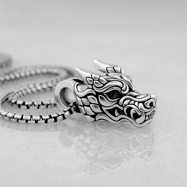 Sterling Silber Drachenkopf Anhänger | 2024 Jahr des Drachens Chinesisches Sternzeichen-Charm-Halskette
