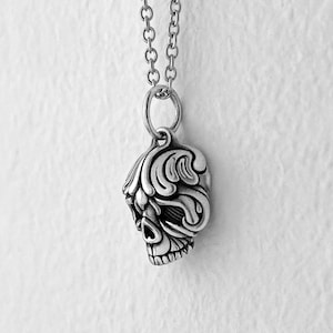 Silver Scroll Skull Pendant | Small Skull Charm Necklace