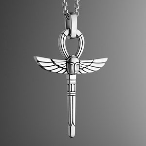 Sterling Silver Egyptian Ankh with Scarab and Wings Pendant Necklace