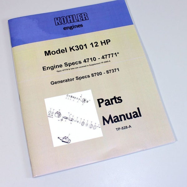 Kohler K301 12Hp Engine Generator Parts Catalog Manual Exploded Views Numbers
