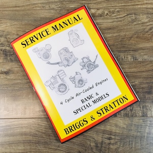 May include: A yellow and red service manual for Briggs & Stratton 4 Cycle Air-Cooled Engines, Basic & Special Models. The cover features illustrations of different engine models.