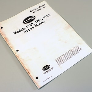 Long 1760 1761 1762 Rotary Mower Cutter Operators Parts Manual List 48" 60" 72"