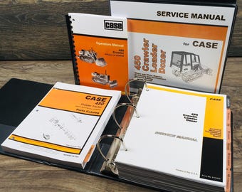 May include: A collection of Case 450 crawler loader dozer manuals including a service manual in a black three-ring binder, an operators manual, and a parts catalog. The documents feature white covers with orange accents, black text, and illustrations of construction machinery.