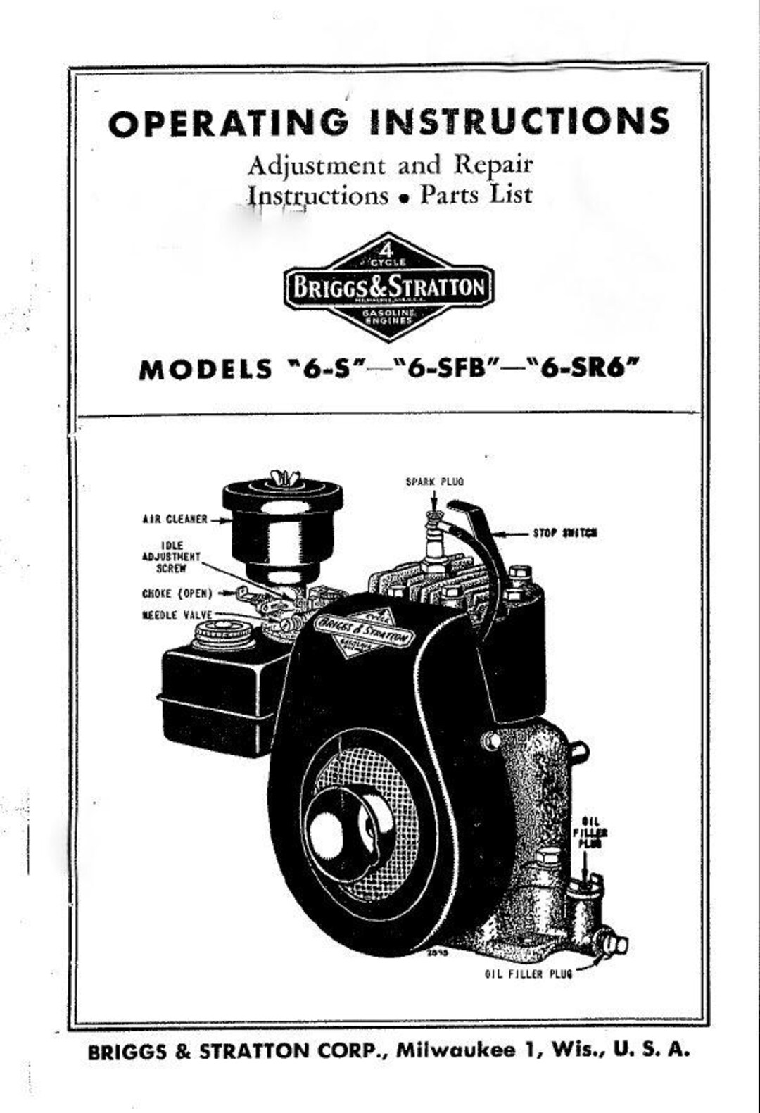 Briggs and Stratton 6-sr6 Engine Operators Repair Manual Service Owners &amp; Bs - Etsy