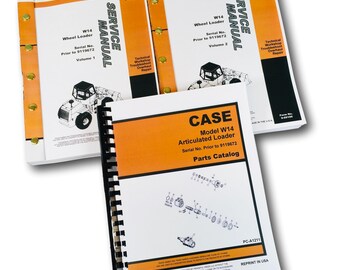 Puede incluir: Un conjunto de cuatro manuales para una cargadora articulada Case W14. Los manuales están encuadernados en naranja y blanco con el logotipo de Case y las palabras "Manual de servicio" y "Catálogo de piezas".