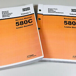 Può includere: Due manuali di servizio Case 580C Loader Backhoe, volume 1 e 2. I manuali sono arancioni e hanno un logo Case in bianco e nero. I manuali sono rilegati con anelli metallici e hanno fori per un raccoglitore.