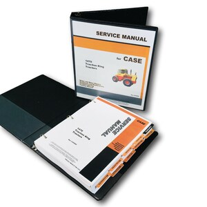 May include: A black binder with a service manual for Case 1470 Traction King Tractors. The binder has a tabbed index with the following headings: General Information, Engine, Transmission, Hydraulics, Steering, Brakes, Electrical, and Troubleshooting.