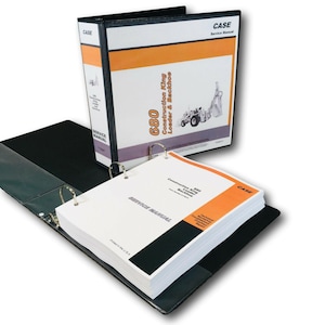 Peut inclure: Un classeur à trois anneaux avec une couverture noire et une étiquette blanche sur laquelle est inscrit "CASE SERVICE MANUAL". Le classeur contient un manuel d'entretien pour un CASE 680 Construction King Loader & Backhoe. Le manuel est imprimé en noir et blanc et a une couverture blanche avec le logo CASE et le texte "Construction King Loader & Backhoe" en noir.