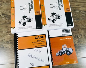 Puede incluir: Un conjunto de cuatro manuales para una cargadora articulada Case W14. Los manuales incluyen un manual de servicio, un manual de operador y un catálogo de piezas. Los manuales están en blanco y negro y presentan ilustraciones de la cargadora.