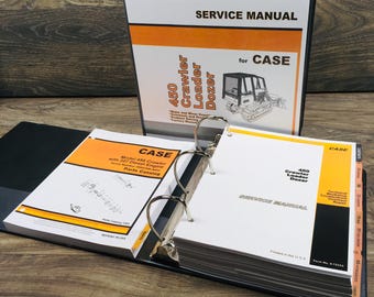 May include: A black three-ring binder containing a Case 450 Crawler Loader Dozer service manual and a parts catalog. The cover features orange and white graphics with text including Service Manual for Case 450 Crawler Loader Dozer.