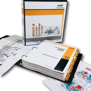 May include: A black binder with a yellow and orange cover. The cover has the text "CASE 480CK B Loader Backhoe Tractor Service Manual". The binder is open to reveal a white page with the text "SERVICE MANUAL" printed in black. The binder is sitting on a white surface.
