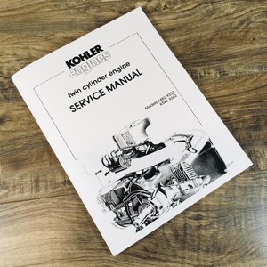 May include: A white service manual for Kohler Engines twin cylinder engines. The cover features black text reading Kohler Engines, twin cylinder engine, SERVICE MANUAL, and Models K482, K532, K582, K662, with a black and white engine illustration.